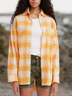 Levis Women's Kenna Oversized Yellow / White Button Down Plaid Shirt SZ S